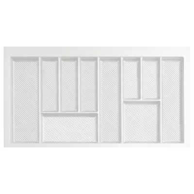 Produktbild von Besteckkasten für 90 cm Schublade Weiß – Zuschneidbar (B: 79-85 cm x T: 42-49 cm) – Besteckeinsatz 10 Fächer – Anti-Rutsch Riffelboden