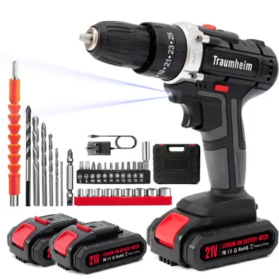 Produktbild von Akkuschrauber, Akku Bohrschrauber Set, Schlagbohrmaschinen, Akku-Bohrer, 48VF mit 2x 1500Ah Batterie,45Nm Max. Drehmoment, Professional Schnellladung