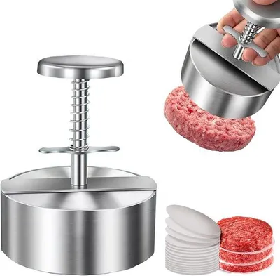Produktbild von Hamburger-Patty-Maker, 304 rostfreier Stahl, verstellbar, BPA-frei, ideal für BBQ, 100 Blatt Backpapier, non-stick.
