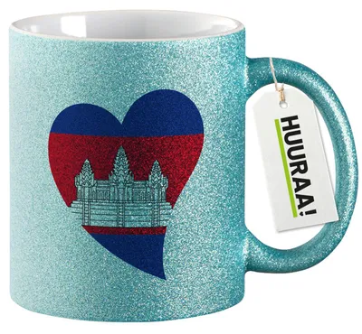 Produktbild von Huuraa Glitzertasse Kambodscha Flagge Herz 330ml Blau Keramik Kaffeebecher Geschenkidee