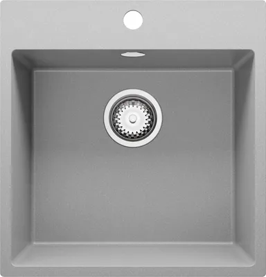 A top-down view of a gray granite kitchen sink with a drain assembly in the center.