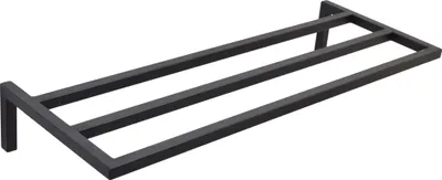 A black metal shoe rack with three horizontal bars is shown against a white background.