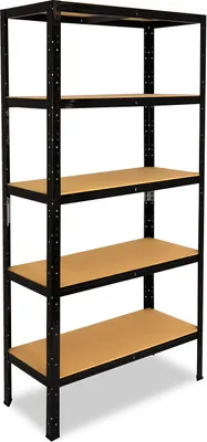 A black metal shelving unit with five wooden shelves, shown against a white background.