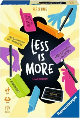 The image is a marketing image for the board game 'Less is More' by Ravensburger. It shows colorful cards with text and hands holding pencils, arranged around the game's title.