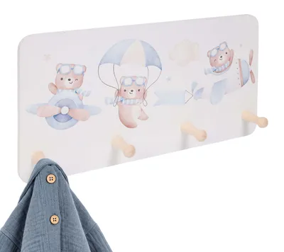 Productafbeelding van Relaxdays kinderkledingrek, 4 haken, berendesign, voor aan de muur, materiaal: MDF, hout, geschikt voor kinderkamer of hal, kledingrek, wit/blauw