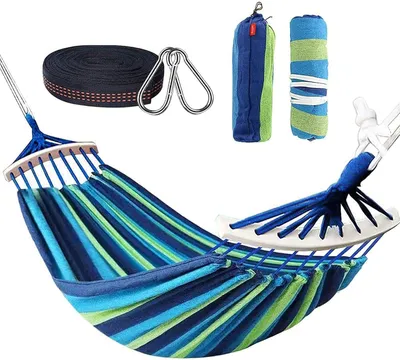 Obrázok produktu pre Dvojitá závesná sieť 280x150 cm, modré pruhy, 300 kg, pre kempovanie