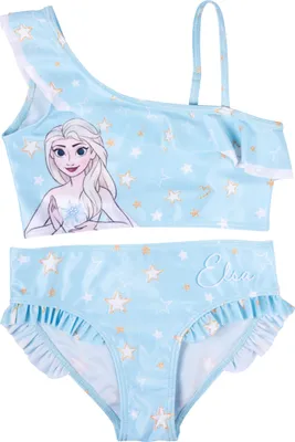 Produktbild von Disney Die Eiskönigin Bikini mit Rüschen für Mädchen - Elsa Frozen Kinder Zweiteiler Schwimmanzug Blau 122-128