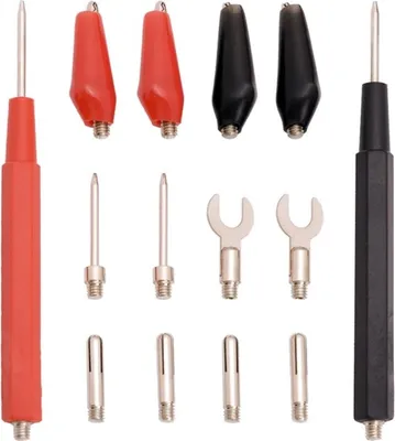 Produktbild von Testkabelset - 16-teilig - 920 mm - inklusive Bananenstecker, Messspitzen, Spitzenstecker, Gabelstecker und Krokodilklemmen [25370]