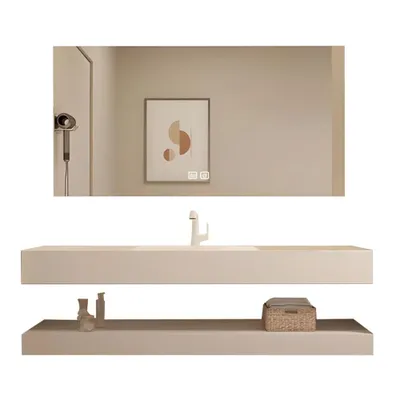 Produktbild von Waschbecken mit LED-Spiegel Waschbecken aus Sinterstein mit Ablageplatte Beige 110*55cm 【CB303-110】