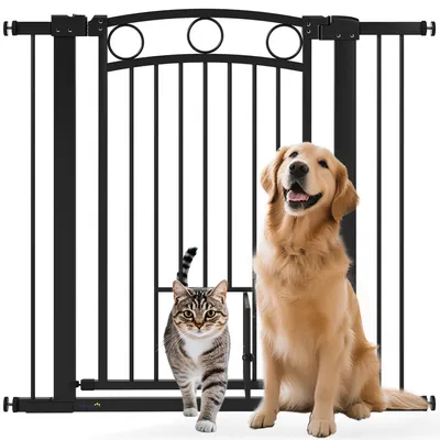 Produktbild von PawHut Türschutzgitter für Hunde 76-104cm Treppengitter mit Katzentür, Schwarz