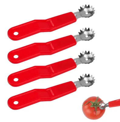 Produktbild von Erdbeerentferner Strunkentferner Kerngehäuse-Entferner - Edelstahl - 4 Stück - Rote Handgriffe - Für Erdbeeren und Tomaten