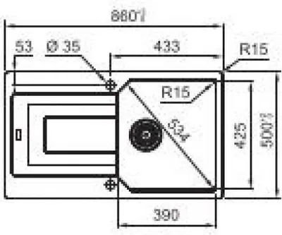 A technical drawing or diagram of a kitchen sink with dimensions and specifications.