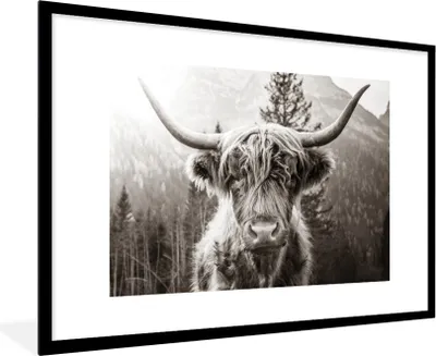 Produktbild von MuchoWow® Gerahmtes Poster Schottischer Highlander - Kuh - Tiere - Schwarz - Weiß 90x60 cm - Poster mit Schwarzem Bilderrahmen Wandposter Rahmen Foto Bilder - Wanddekoration - Fotos