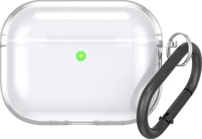 A clear protective case for AirPods Pro 3 with a carabiner clip attached.