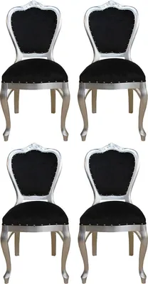 Produktbild von Casa Padrino Luxus Barock Esszimmer Set Schwarz / Silber 45 x 46 x H. 99 cm - 4 handgefertigte Esszimmerstühle - Barock Esszimmermöbel