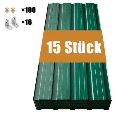 Produktbild von GIHAUVIA 15xTrapezblech 108x42.6 cm Dachblech 6m² inkl Schrauben Wandblech verzinkt Profilblech wetterfest für Carport Gartenhaus Grün