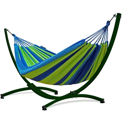 Produktbild von Potenza Outdoor Hängematte mit Gestell für 2 Personen I Baumwolle Doppelhängematte XXL 220x160, 200kg I Grün Hängemattengestell 220kg, wetterfest