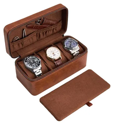 Immagine prodotto di Custodia per orologi - Astuccio da viaggio - 3 scomparti -  - Marrone - Fino a 55 mm