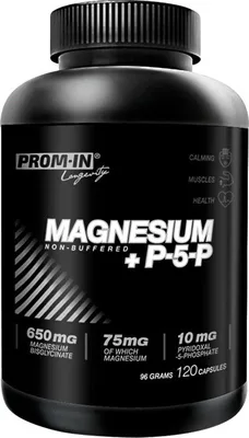 Obrázek produktu pro Prom-In Magnesium + P5P 120 kapslí / Magnézium (hořčík) / 100% bisglycinát hořečnatý obohacený o aktivní formu vitamínu B6