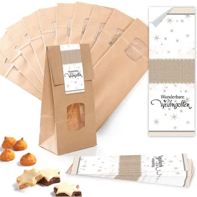 Produktbild von 10 Stück kleine braune Block-Bodenbeutel MIT FENSTER + Pergamin-Einlage 10,5 x 6,5 x 29 cm + 10 beige weiße WUNDERBARE WEIHNACHTEN Weihnachts-Aufkleber - Papiertüten lebensmittel-echt"Wunderbare Weihnachten" / 10 Stück