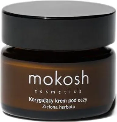A brown glass jar with a black lid, containing eye cream. The jar has white text labels.