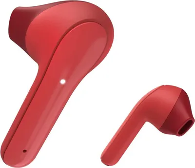 A pair of red wireless earbuds are shown against a white background.