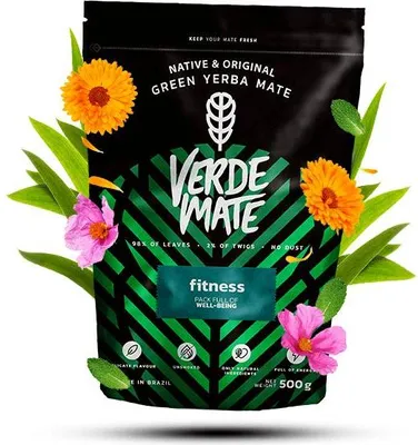 A bag of Verde Mate Green Fitness Yerba Mate tea is surrounded by decorative leaves and flowers, with text and icons on the packaging.