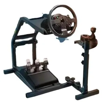 Produktbild von Rennsimulator-Lenkradständer, verstellbare Höhe 22,4"-28,5", Lenkradhaltergröße 9" x 9,8", Schaltknüppelhalterhöhe 13,8-20,9", Pedalplatte Größe 15,4" x 19,5", Produktgewicht 25,3 lbs