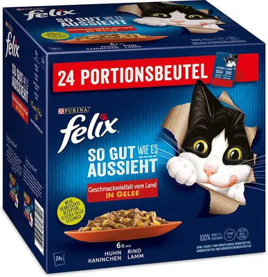 Produktbild von Felix So gut wie es aussieht Geschmacksvielfalt vom Land 24 x 85 g, Adult, Rind, Lamm, Kaninchen, Huhn, 85 g, Ohne künstliche Farbstoffe