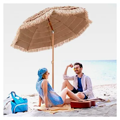 Produktbild von Sonnenschirm Hawaii, Ø 208 cm, knickbar um 30°, Strandschirm mit PP-Stroh & 8 Rippen, Terrassenschirm klappbar für Strand, Balkon & Garten