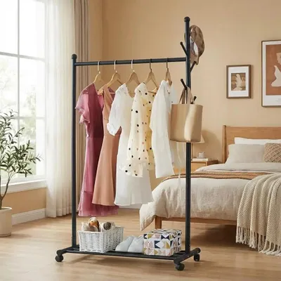 Image de Porte-vêtements sur roulettes - Support à vêtements - Acier inoxydable résistant à la rouille - Penderie avec étagère - 86x43x170 cm - Capacité jusqu'à 55 kg - Noir