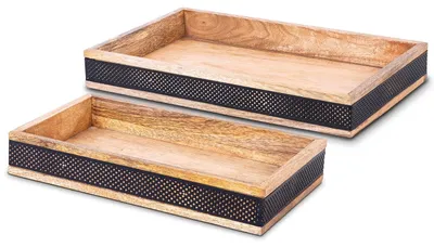 2er-Set rechteckige Tabletts, Holz/Metall, 38x23x5 & 30x20x5 cm