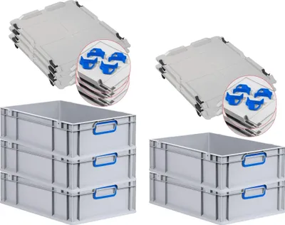 Produktbild von SuperSparSet 5x Eurobox NextGen Color mit Auflagedeckel und Schiebeschnappverschlüsse | HxBxT 17x40x60cm | 34 Liter | Grau | Griffe blau geschlossen | Glatter Boden | Eurobehälter, Transportbox, Transportbehälter, Stapelbehälter