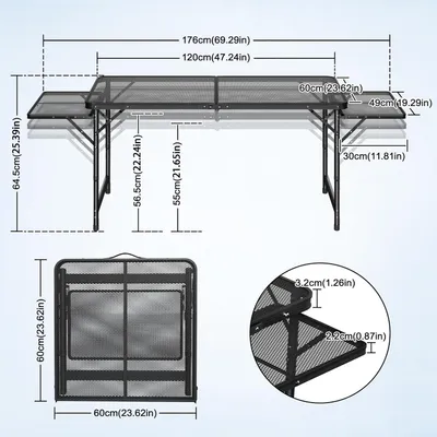 Obrázek produktu pro TRMLBE Skládací kempingový stůl 120x60x55 cm Skládací kempingový stůl 3stupňové výškové nastavení tapetovací stůl rozkládací s protiskluzovými nožičkami Skládací stůl včetně rukojeti Cestovní stůl