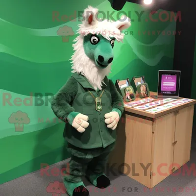 Produktbild von Maskottchenfigur REDBROKOLY eines waldgrünen Lamas mit Button-Up-Hemd und Ohrringen