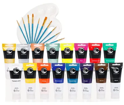 Produktbild von CREATEST Acrylfarben-Set 16x75 ml inkl. Pinsel & Mischpalette wasserfest
