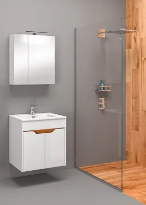 Produktbild von MONTIERT Badmöbel Set mit Waschbecken LIMBA WEISS-EICHE 60cm Hochglanz SOFTCLOSE Waschtisch Spiegelschrank
