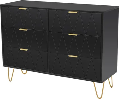 Obrázek produktu pro Komoda - Skříňka pod umyvadlo - Skříň - Úložná skříň - Komoda - 6 zásuvek - Skandinávský design - Matná černá barva - Dřevo a železo