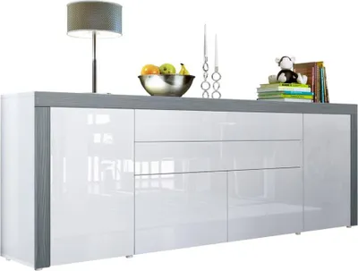 Produktbild von Vladon Sideboard La Paz V2,  Germany, Kommode mit 2 Türen, 2 Schubkästen und 2 Klappen, Weiß Hochglanz/Weiß Hochglanz/Avola-Anthrazit (200 x 72 x 35 cm)