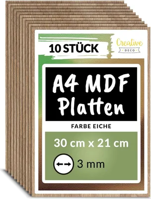 Obrázok produktu pre Creative Deco 10 x A4 MDF dosky Jednostranne lakovaný dub | 300 x 210 x 3 mm | Tenké drevené dosky | Ideálne pre laser, CNC frézu, modelovanie, voľnú pílu