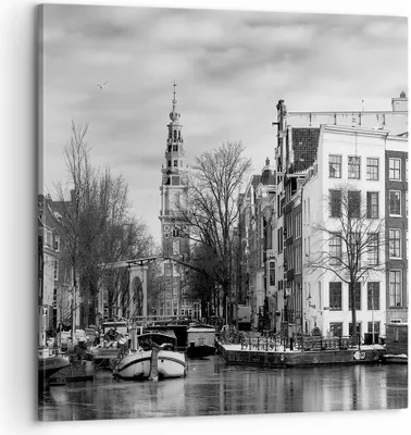Produktbild von Bild auf Leinwand - Leinwandbild - Einteilig - Schwarzweiß Amsterdam Boote - 60x60cm - Wand Bild - Wanddeko - Wandbilder - Leinwanddruck - Bilder - Wanddekoration - Leinwand bilder - AC60x60-4436