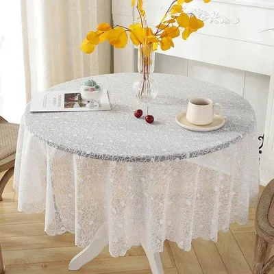 Produktbild von Unyqoos® Runde Tischdecke – weiße Spitze mit Blumenmuster, Polyestergarn, pflegeleicht & schmutzabweisend, elegant für Hochzeit, Fest & Garten