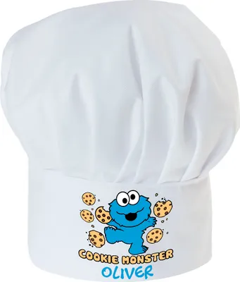 Produktbild von Personalisierte Kochmütze, Weiß, Für Kinder, Jungen und Mädchen, Kochhaube mit Ihrem Wunschtext / Grafik, Cookie-Monster mit Namen [099]