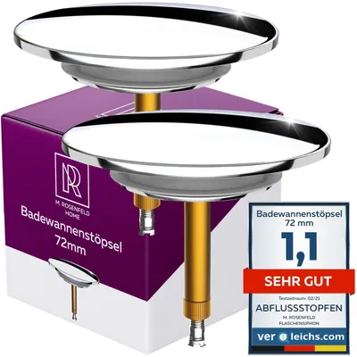 Produktbild von M. ROSENFELD HOME 2X Badewannenstöpsel Universal Ø 72 Premium - Stöpsel Badewanne Chrom aus Messing mit Doppel Dichtung - Rostfrei Badewannen Stöpsel Verschluss Badezimmer zubehör