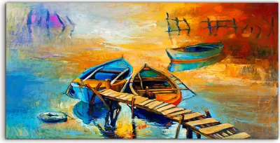 Produktbild von Coloray Acrylbild 100x50  Wandbild Acrylbilder Boots und Pier Meer Sonnenuntergang
