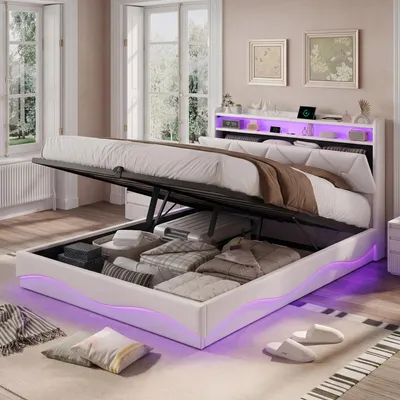 Produktbild von Bett 140x200cm Samt Beige, Hydraulischer Stauraum, LED RGB, USB/Type-C, Kopfteil mit Regal