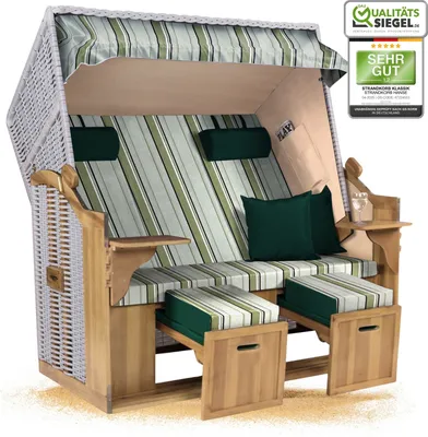 Produktbild von Strandkorb Ostsee 2,5-Sitzer 150cm breit in Beige Hellgrün Weiß Grau Gestreift Montiert ideal für Balkon, Terrasse oder Garten