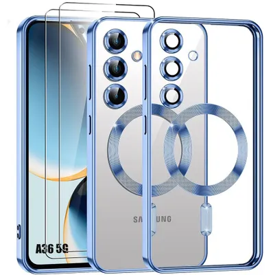 Image de Coque + 2 Verres Trempés pour Samsung Galaxy A36 5G, Protection Silicone avec Anneau Magnétique - Bleu