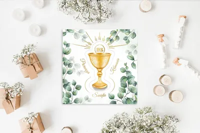 Image de Carte de vœux pour la Première Communion « Calice et Eucalyptus »