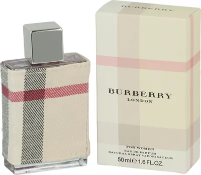 A bottle of Burberry London perfume and its packaging are shown against a white background.